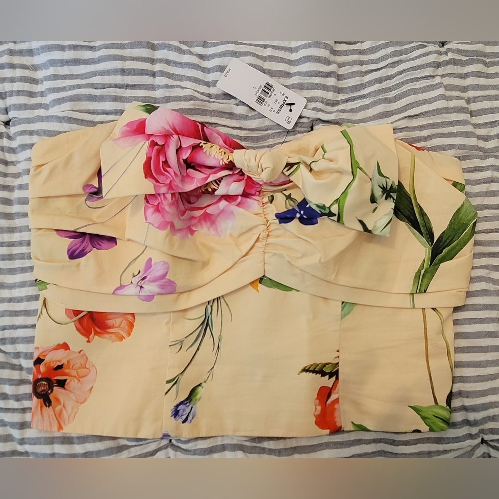 NWT Express Yellow Floral Strapless Top with Bow - Size Small